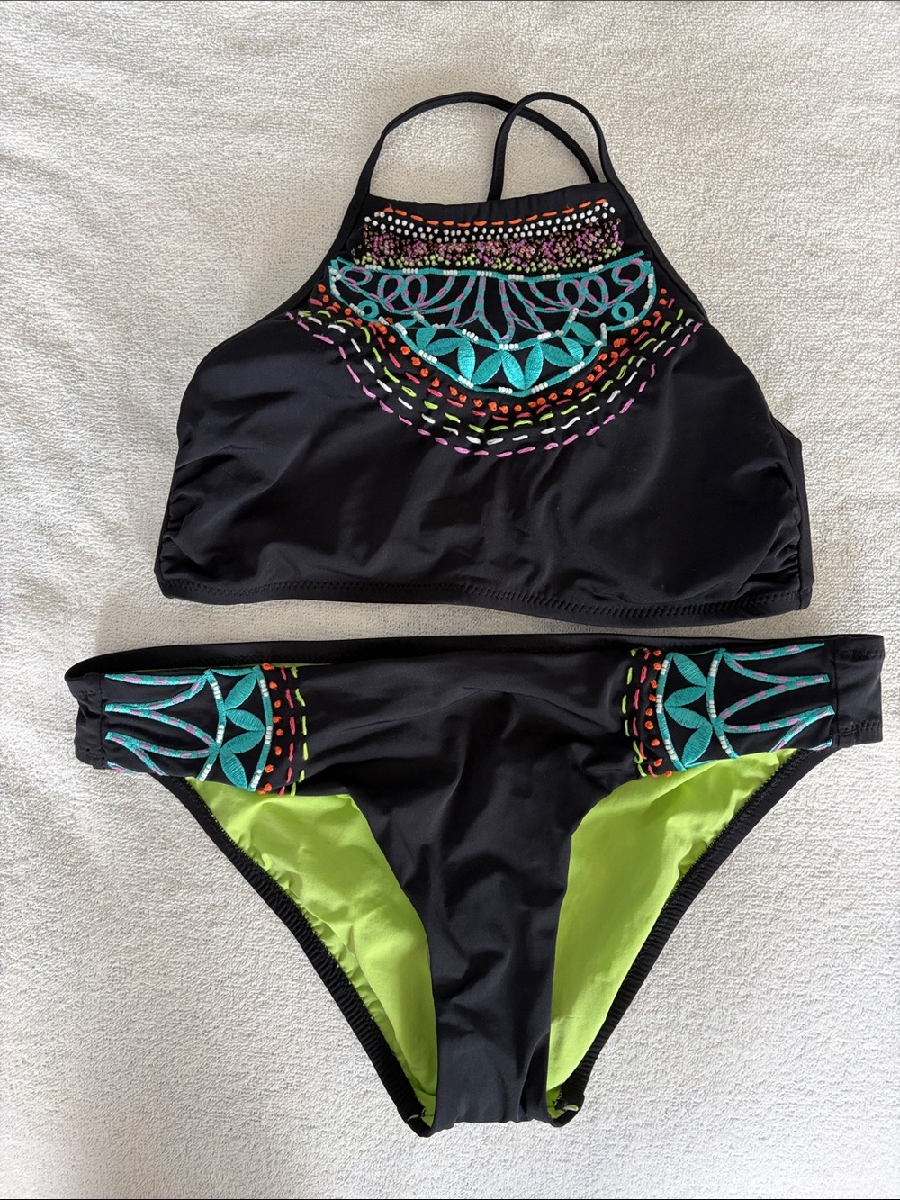 Nanette Lepore Black Bikini with Teal & Lime Embroidery